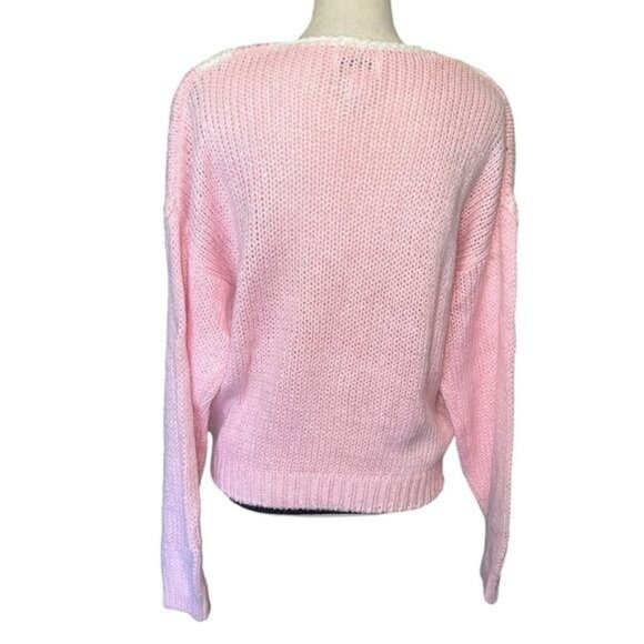 SML Sport Womens Hand-Knit Pink V-Neck Floral Sweater Medium Ramie Blend Vintage - Picture 2 of 11